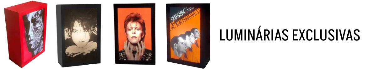Luminárias Lightbox Popdelic: David Bowie, Miles davis, Kraftwerk, Robert Smith, Primal Scream, Screamadelica, Tatoo You , Roling Stones , Goo, Sonic Youth, Joy Division, Radioactive, 